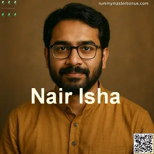 Portrait of Nair Isha, game analyst explaining Rummy Master login, download, and bonus rules for Indian users